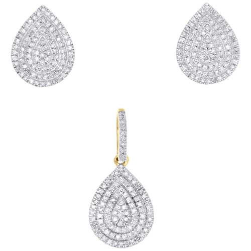 10K Yellow Gold Diamond Pear Shaped Earring Studs & Pendant Charm Set 0.35 CTW.