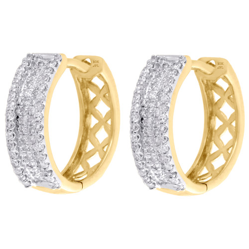 10K Yellow Gold Real Diamond 3 Row Mini Hoops Earrings 0.60" Pave Set 0.40 CT.