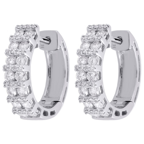 Womens 14K White Gold Real Diamond Mini Hoops Channel Set 0.75" Earrings 0.95 CT
