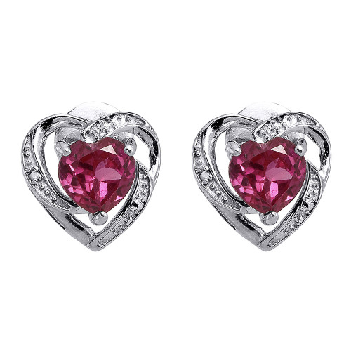 Diamond Heart Earrings Sterling Silver Solitaire Created Pink Sapphire 2.21 Tcw