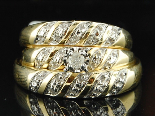 Diamond Trio Set 14K Yellow Gold Matching Engagement Ring Wedding Band 0.07 Ct.