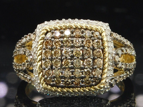 Bague cocktail en diamant marron, bracelet droit de créateur en or jaune 10 carats 1,06 ct.