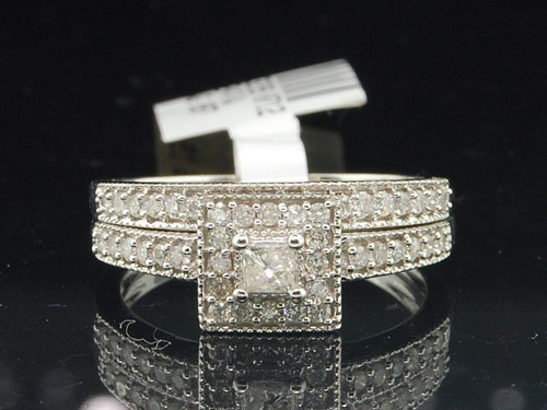 10K White Gold Princess Cut Diamond Solitaire Engagement Wedding Band Bridal Set