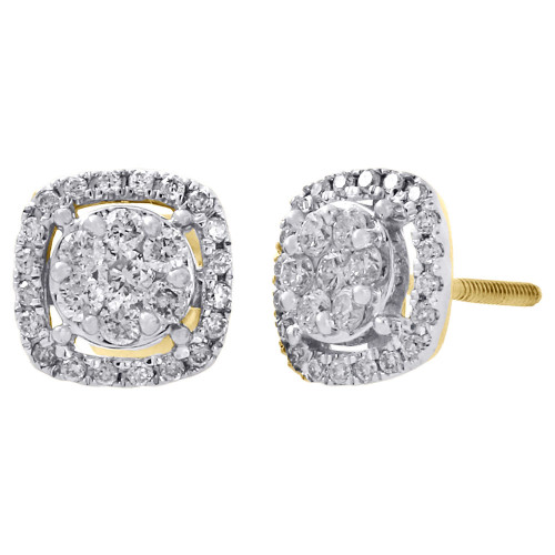 14K Yellow Gold Round Diamond 7.5mm Flower Cluster Square Stud Earrings 0.38 Ct.