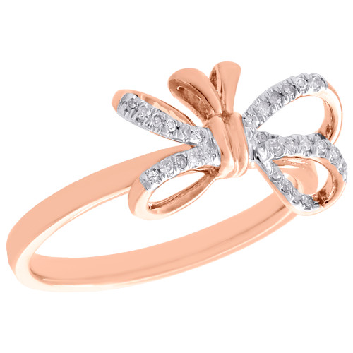 10K Rose Gold Diamond Bow Ring Ladies Statement Right Hand Band 0.10 CT.