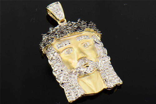 ciondolo croce testa mini pezzo di Gesù in oro giallo 10k con diamanti neri da 0,22 ct