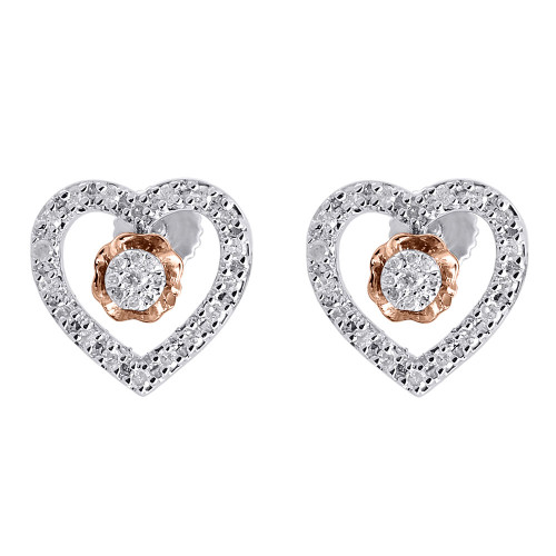 Diamond Heart Flower Earrings 10K Two Tone Gold Solitaire Design Studs 0.33 Tcw.