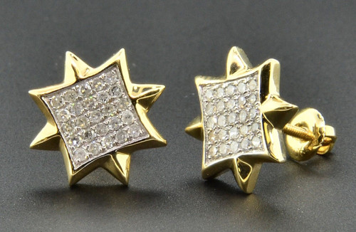 Diamond Studs 8 Point Star Mens Ladies 10K Yellow Gold Pave Earrings 1/3 Ct.