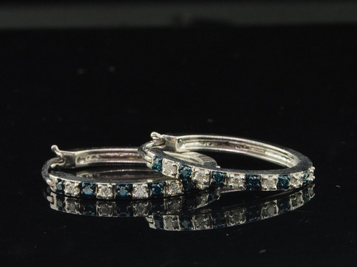 Blue Diamond Hoops Ladies .925 Sterling Silver Round Huggie Earrings 1/4 Tcw.