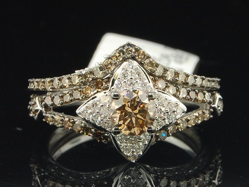 Brown Diamond Solitaire Bridal Set White Gold Engagement Wedding Ring 1.33 Ct.