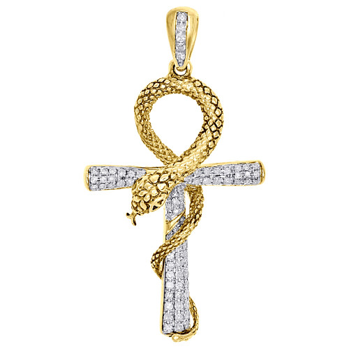 10K Yellow Gold Diamond Snake Wrapping Cross Pendant Mens 1.80 Inch Charm 1/2 Ct