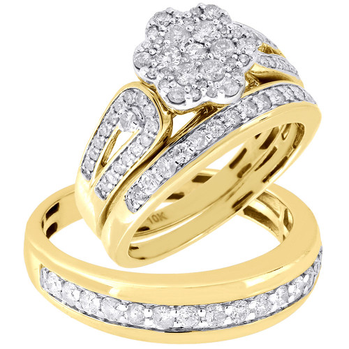 Diamond Trio Set Engagement Flower Ring 10k Yellow Gold Wedding Band 1.32 Tcw.