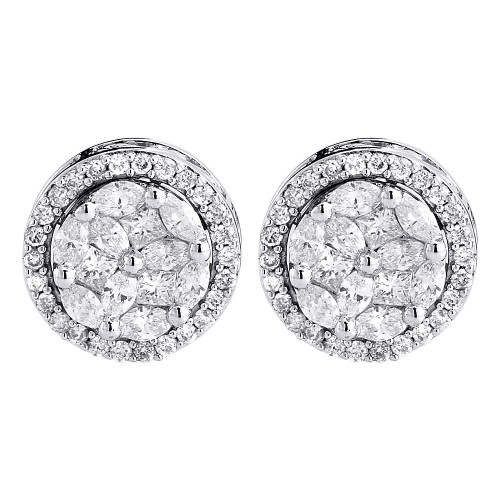 Diamond Earrings 14K White Gold Marquise Princess Halo Design Studs 1.50 Tcw.
