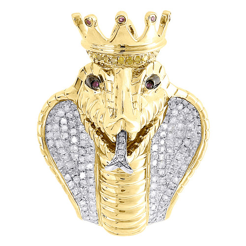 Diamond King Cobra Pendant Mens 10K Yellow Gold Round Pave Snake Charm 0.94 Tcw.