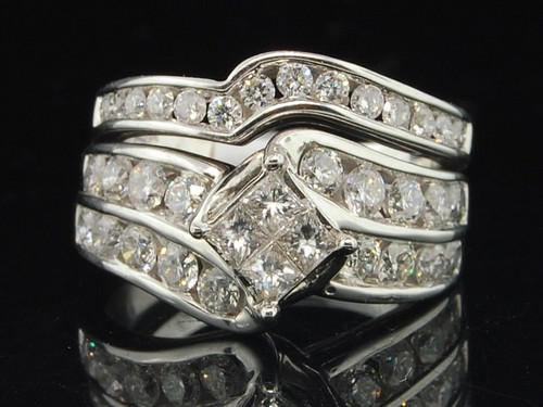 14K White Gold Princess Round Cut Diamond Engagement Wedding Bridal Set 2 Ct.