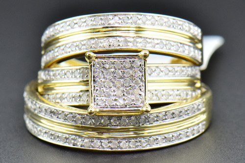 Diamond Trio Set Engagement Ring Wedding Band 10K Yellow Gold His & Hers 0.60 Ct
