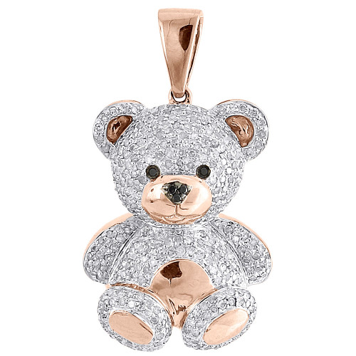Diamond Teddy Bear Pendant Ladies 10K Rose Gold Round Pave 3D Charm 1.10 Ct.