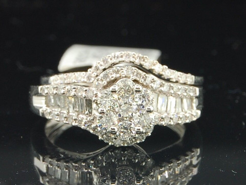 Diamond Flower Bridal Set White Gold Swirl Engagement Ring Wedding Band 1 Ct