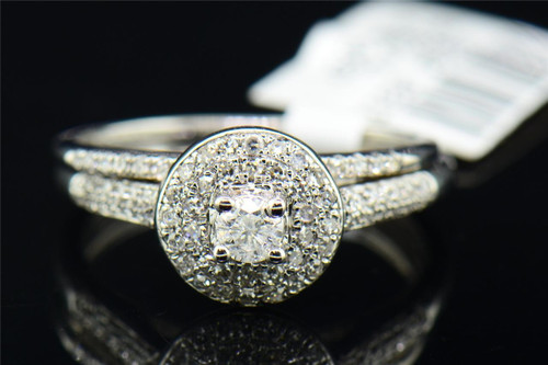 Solitaire Diamond Halo Engagement Ring 14K White Gold Round Cut Bridal Set