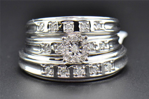 Diamond Trio Set Engagement Ring Wedding Band Round Cut 10K White Gold 1/4 Ct