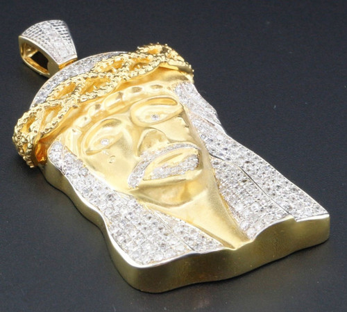 Diamond Jesus Piece Face Pendant 10k Yellow Gold Charm 1.90 Ct. Satin Finished