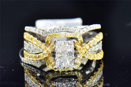 Ladies 14K Two Tone Princess White & Yellow Diamond Engagement Ring Bridal Set