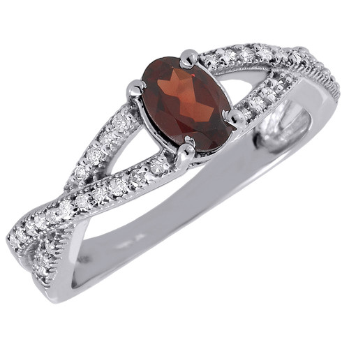 Diamond & Created Oval Garnet 10K White Gold Fashion Cocktail Ring 0.83 tcw