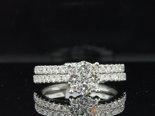 18 karat hvidguld kabale rund diamant bryllup forlovelsesbrude sæt ring 1 ct.
