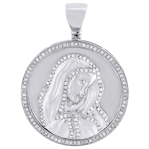 Diamond Mother Mary Pendant Mens .925 Sterling Silver Medallion Charm 0.92 Tcw.