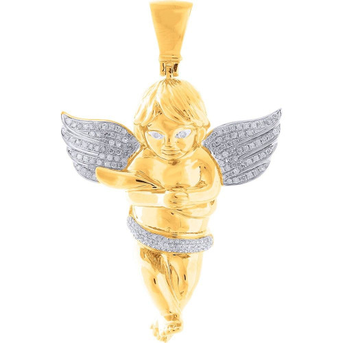 Diamond Mini 3D Angel Pendant 10K Yellow Gold Round Cut Wings Charm 0.85 Ct.