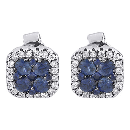 Diamond Solitaire Blue Sapphire Earrings Ladies White Gold Square Studs 0.70 Tcw