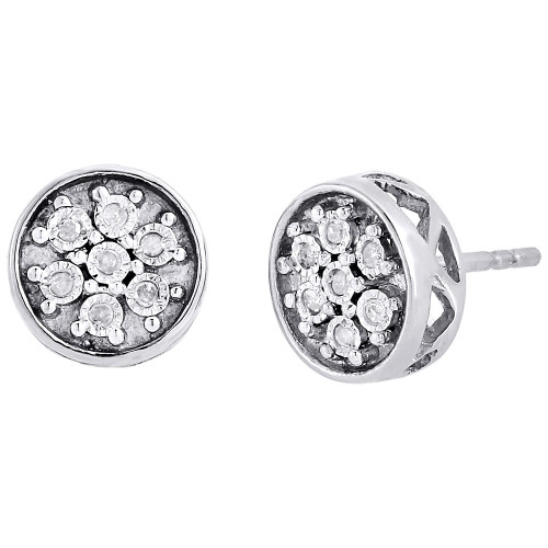 Diamond Circle Earrings .925 Sterling Silver Round Cut Designer Studs 0.09 Ct.