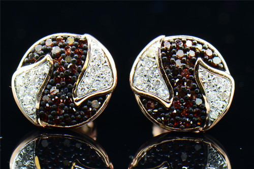 Red Diamond Yin Yang Earrings 10K Rose Gold Round Cut Pave Studs 0.21 Tcw.