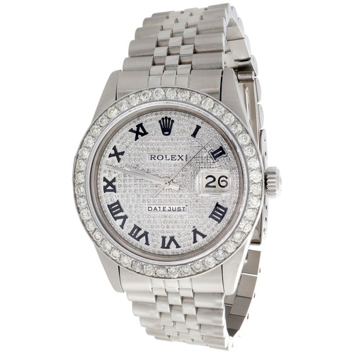 Montre homme Rolex 36 mm datejust diamant bracelet jubilé cadran pavé de chiffres romains 4 ct