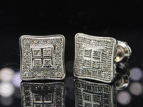 Diamond Square Earrings Ladies 10K White Gold Round Pave Studs 0.15 Tcw.