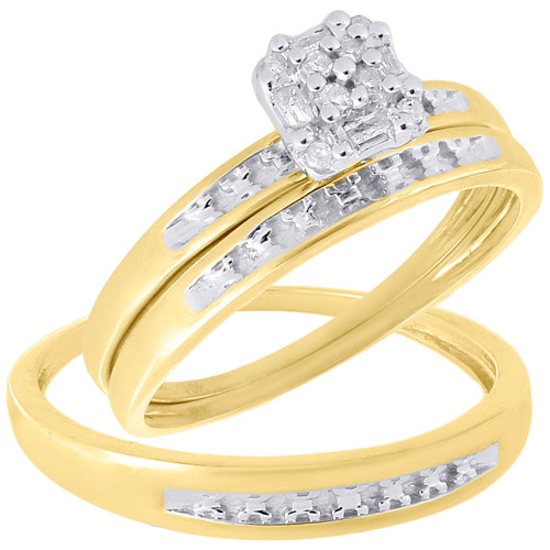 10K Yellow Gold Diamond Mens Ladies Engagement Ring Trio Set Wedding Band .10 Ct