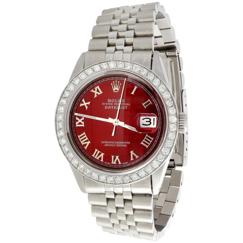 Montre homme Rolex 36 mm datejust jubilé de diamant chiffre romain cadran rouge 1,90 ct.