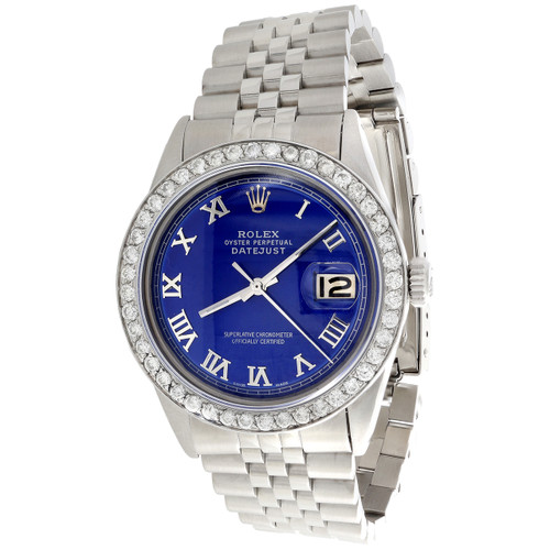 Reloj Rolex Datejust de 36 mm con diamantes y número romano, esfera azul, 1,90 qt.