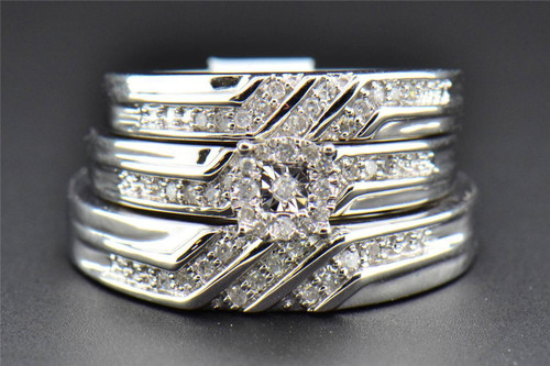 Diamond Trio Set Round Cut Engagement Ring Wedding Band 10K White Gold 0.28 Ct