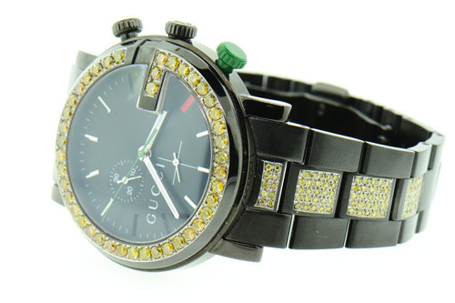 Herren Custom Gucci YA101331 schwarze PVD „G“ Chrono gelbe Diamantuhr 6,50 ct.