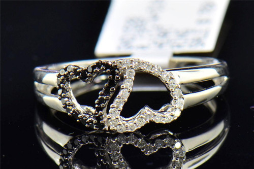 Black & White Diamond Fashion Ring Double Heart Round Cut 10K White Gold