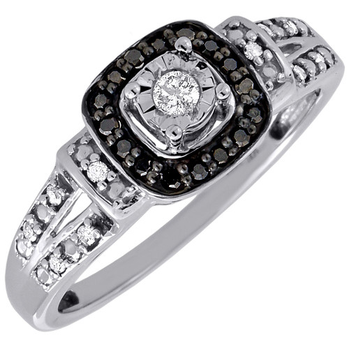 Black Diamond Halo Fashion Ring White Gold Solitaire Round Cocktail Band .20 Ct.