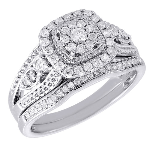 Diamond Flower Engagement Wedding Ring White Gold Solitaire Bridal Set 0.39 Tcw