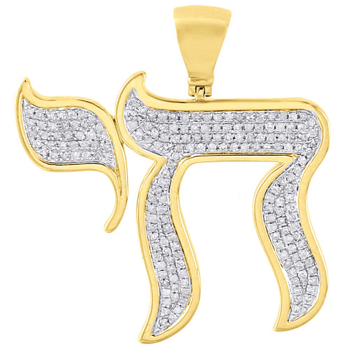 10K Yellow Gold Round Diamond Jewish Chai Symbol Pendant Religious Charm 1.10 CT