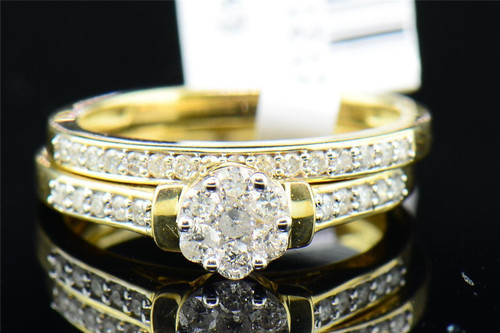 Damen-Verlobungsring aus 10-karätigem Gelbgold mit rundem Diamant, Blumen-Brautset, 0,54 ct.