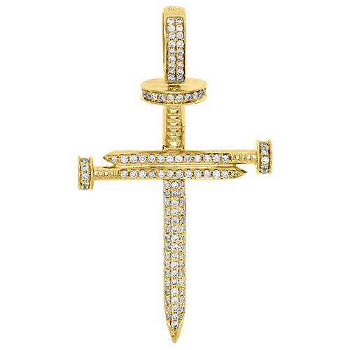 10K Yellow Gold Genuine Round Diamond Nail Cross Pendant Mens 2.25" Charm 1 Ct.