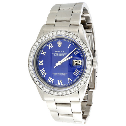 Montre homme Rolex 36 mm datejust diamant bracelet huître bleu cadran romain personnalisé 1,9 ct