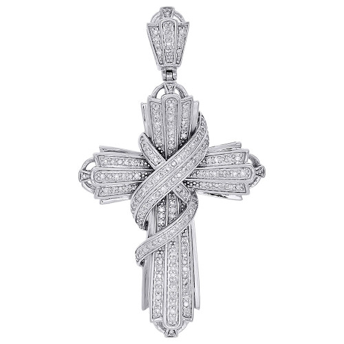 10K White Gold Genuine Diamond Swirl Curtain Cross Pendant Pave Charm 0.60 Ct.