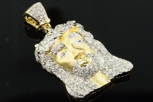 Diamond Jesus Face Piece Pendant Sterling Silver Yellow Finish Charm 0.76 Ctw.