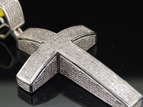 Diamond Domed Cross Pendant Mens 10K White Gold Pave Designer Charm 2.53 Tcw.